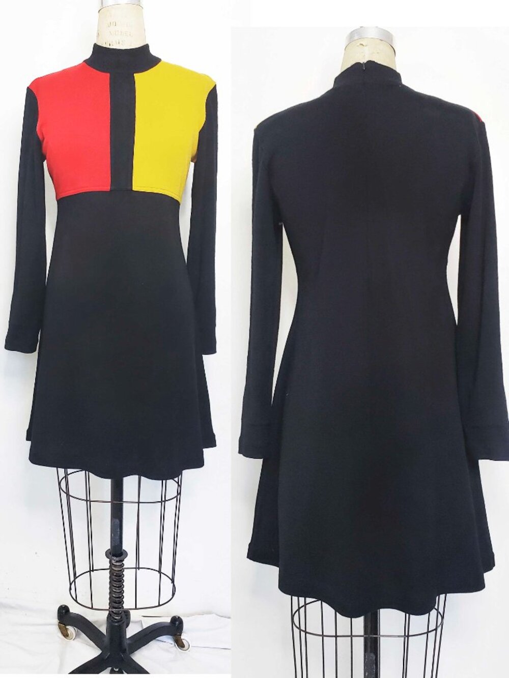 Vintage KARIN STEVENS Women's Colorblock Black Wool Blend Knit Sweater DRESS  M